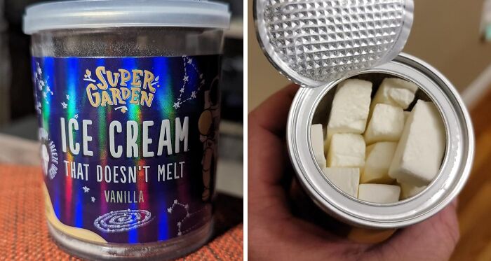 Vanilla ice cream that doesn't melt in a blue "Super Garden" container, intriguingly in cube form.