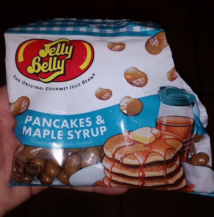 Jelly Belly Pancakes & Maple Syrup flavored beans package, an unconventional snack choice.