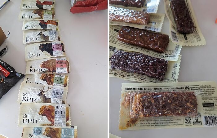 Variety of Epic snack bars with different flavors, unwrapped on a table.