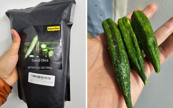 Bag of dried okra and three dried okra pods in hand, representing unusual snacks.