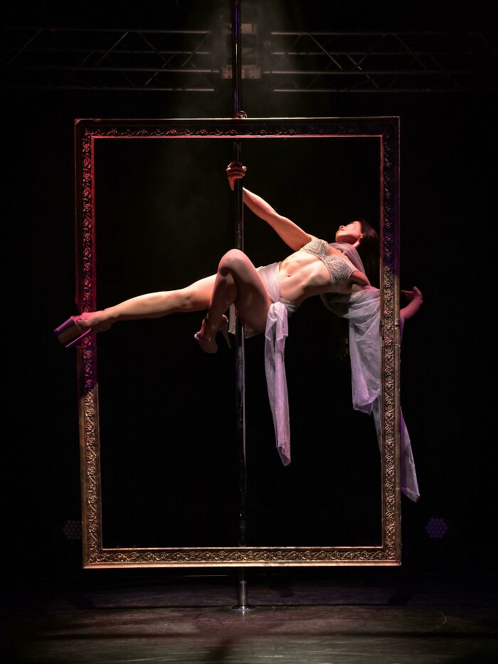 A performer on a pole within a gilded frame, capturing an accidental renaissance painting style.