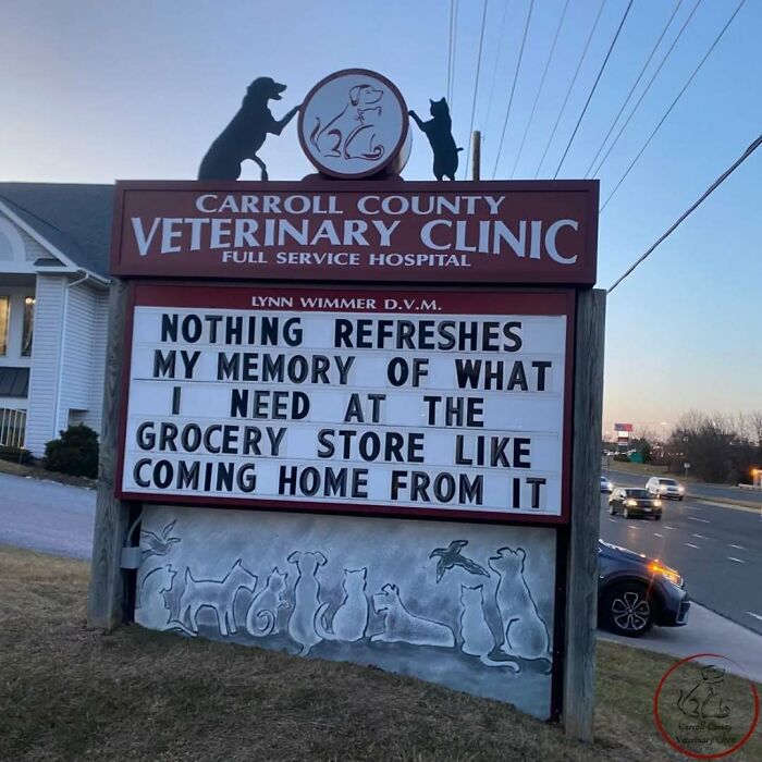 Veterinary clinic sign displaying a clever joke about grocery shopping memory refreshment.