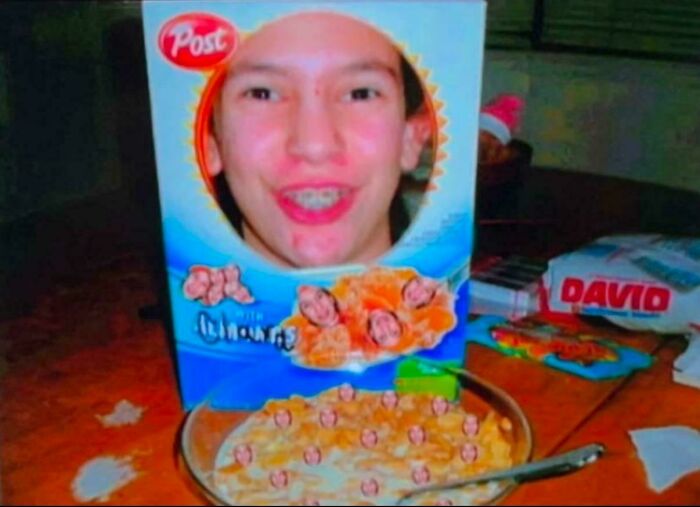 Person’s face edited into a cereal box and cereal pieces in bowl with the same face, a funny regrettable past cringe photo.