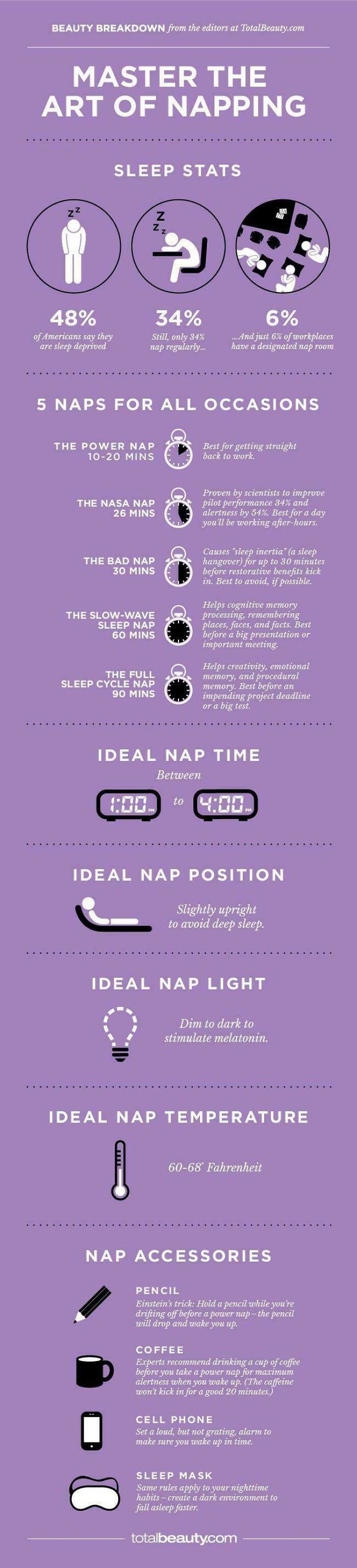 Infographic on napping tips including sleep stats, ideal nap times, positions, light, temperature, and accessories.