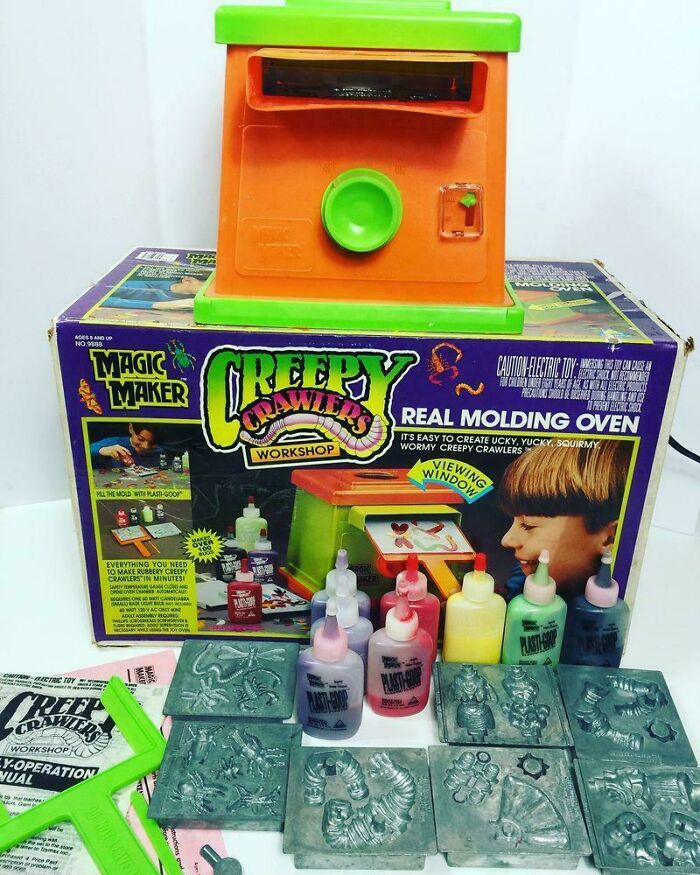 Creepy Crawlers molding oven with colorful paints and metal molds for making '90s-themed toy insects.