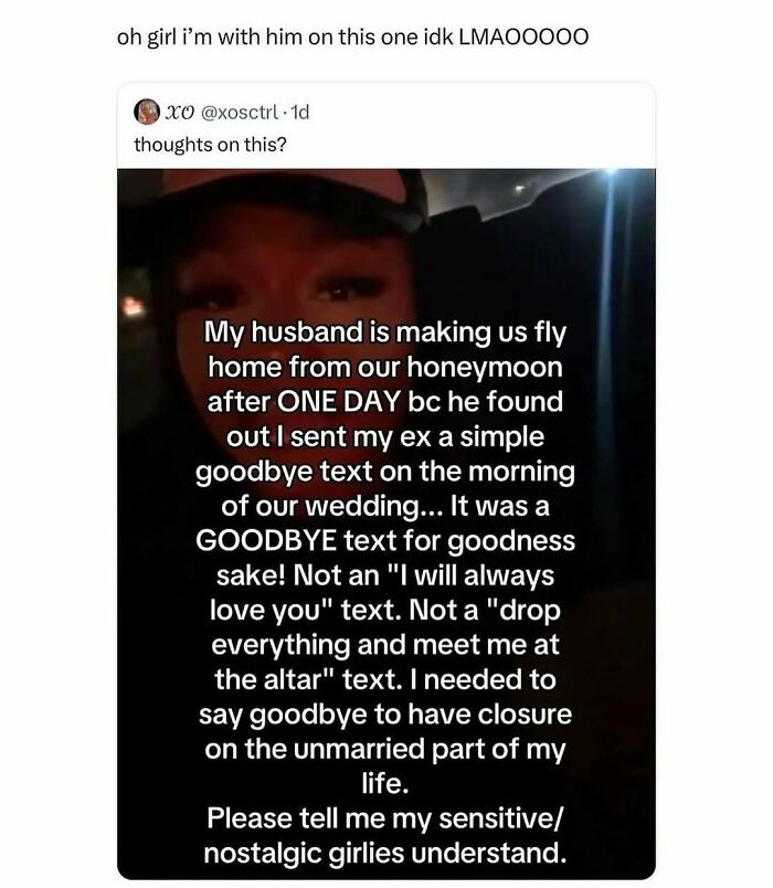 Humorous meme text about sending a goodbye text to an ex on wedding day, causing honeymoon disruptions.