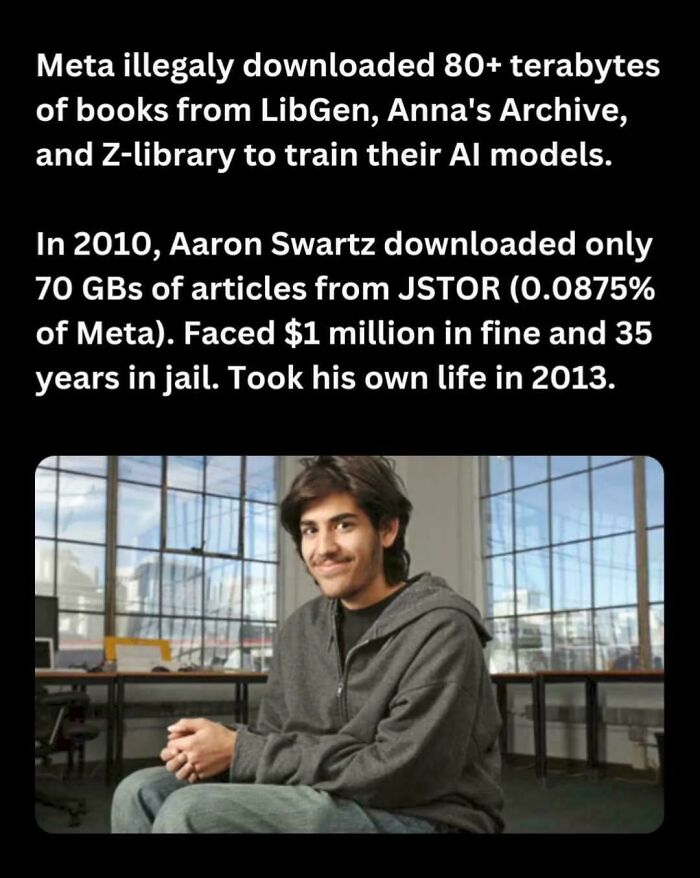 Text about Meta illegally downloading terabytes of books versus Aaron Swartz's smaller download and legal consequences, highlighting facepalm moments.