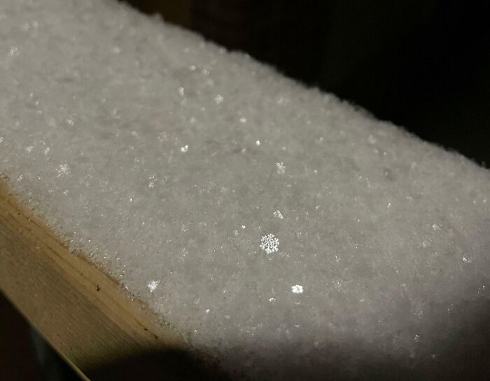 Close-up of a snowflake on a dark surface, capturing its delicate details for temperate amusement.
