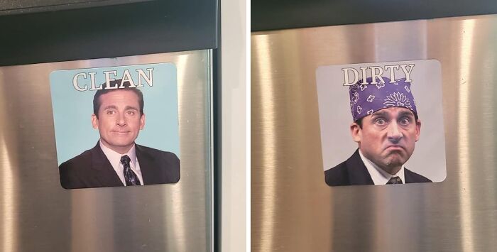 Kitchen magnets labeled "clean" and "dirty," featuring a character in suits with different expressions.
