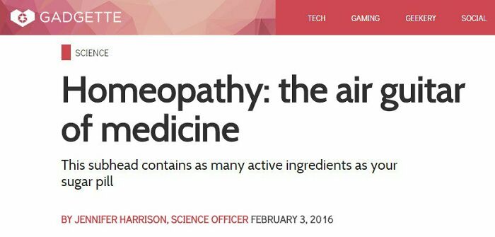 Gadgette article screenshot sharing hilarious news headlines on homeopathy.