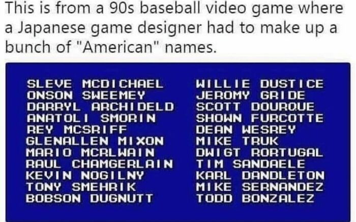 Funny and random baseball game meme with humorous "American" names from a 90s video game.