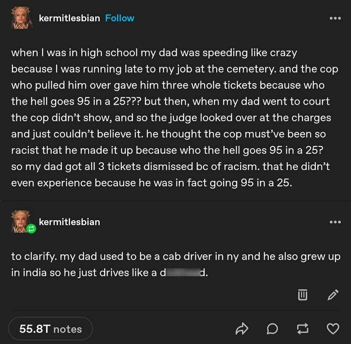 Funny meme post about a dad speeding and getting tickets dismissed, highlighting random humor to brighten up your day.