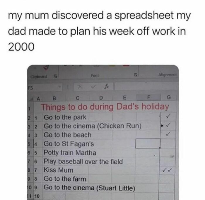 Funny random meme of a 2000 spreadsheet with a dad's holiday plans, including cinema and beach trips.