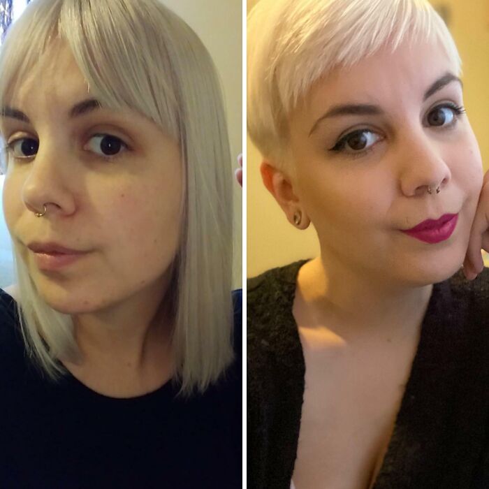 Before and after haircut transformation showcasing a dramatic change.