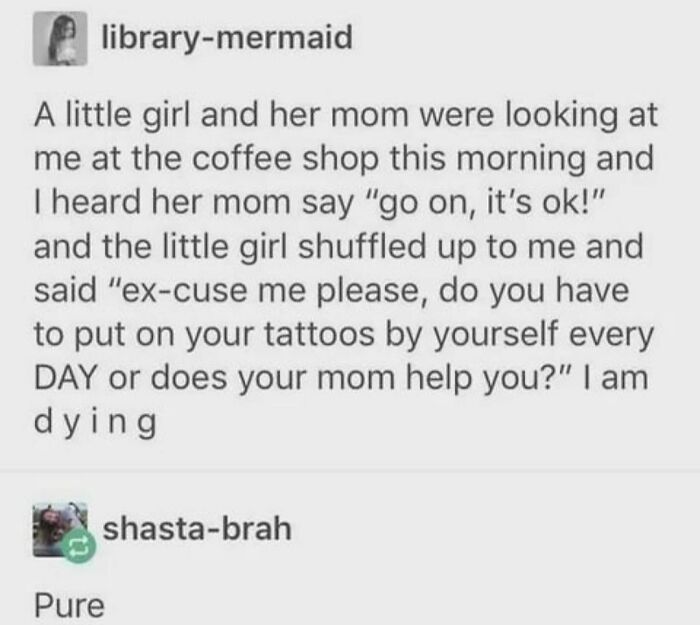 Funny meme about a little girl's question at a coffee shop, making a humorous observation.