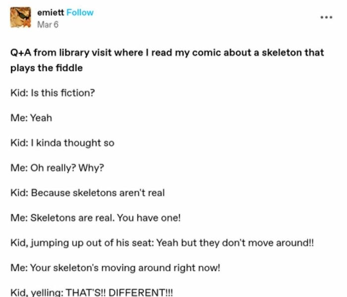 Funny meme text from a library visit Q&A about a comic featuring a skeleton playing the fiddle.