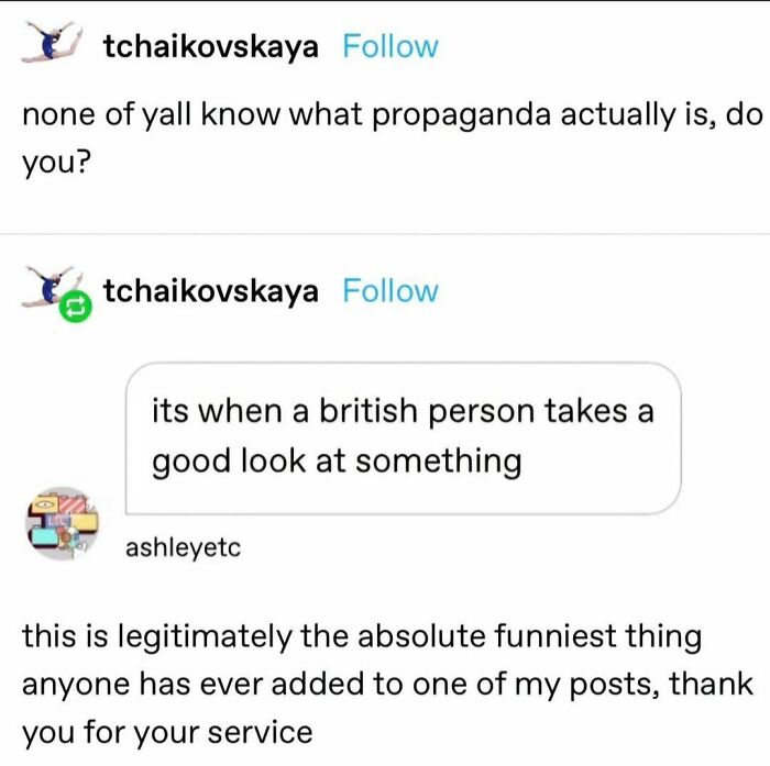 Funny and random memes from an IG page about propaganda, featuring a humorous British-related comment.