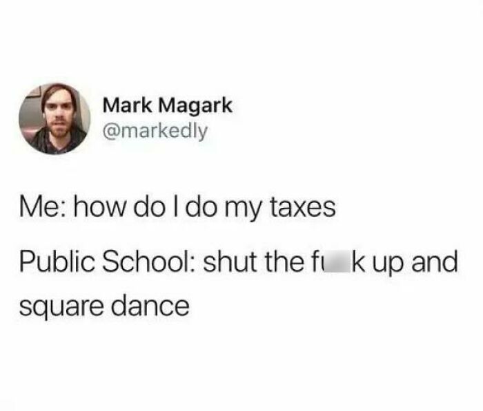 Tweet about strange and funny school experiences, questioning educational priorities.