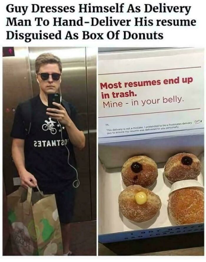 Man in elevator with delivery bag and box of donuts, highlighting community's fascination with strange and funny things.