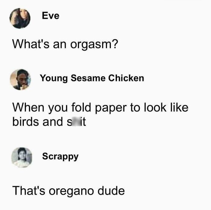 Social media exchange with humorous and strange misunderstanding about an "orgasm," referring to origami and oregano instead.