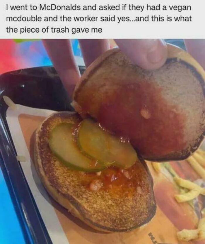 Strange and funny vegan McDouble with only pickles and sauce inside the bun.