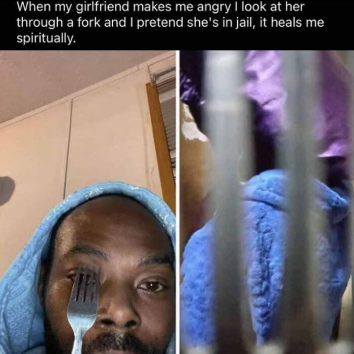 Man humorously looking through fork pretending it's prison bars; part of a community for strange and funny content.