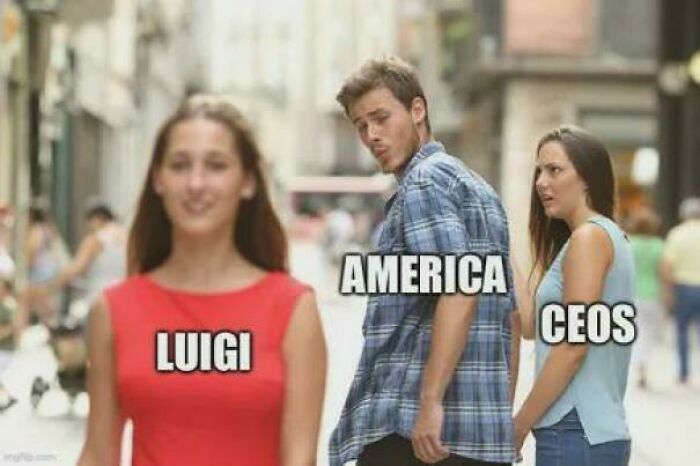 Man labeled "America" looks at woman labeled "Luigi" while another woman, labeled "CEOs," looks on in this strange and funny meme.