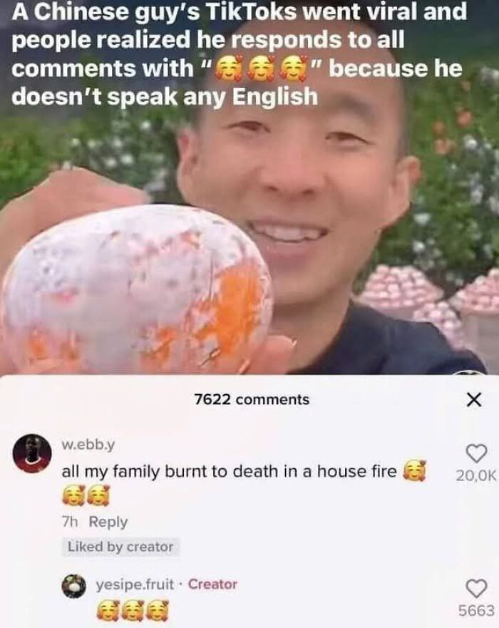 Man holding object with text overlay about viral TikToker and a comment thread. Community of strange and funny content.