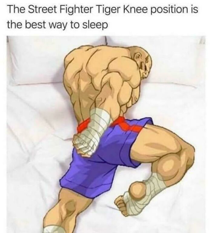 Character in a humorous sleeping pose reminiscent of a fighting stance, highlighting strange and funny elements.