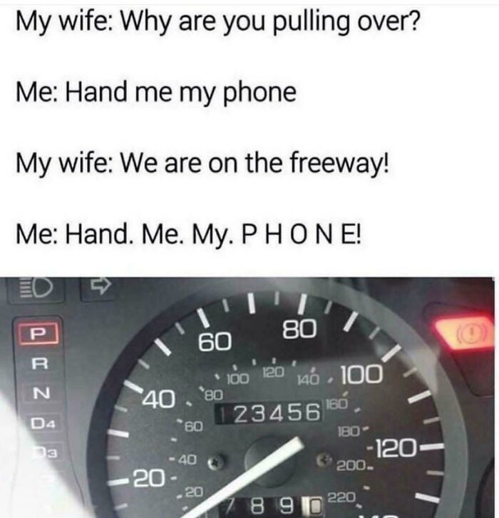 Speedometer meme with a humorous exchange, reflecting the strange and funny dynamics of driving on the freeway.