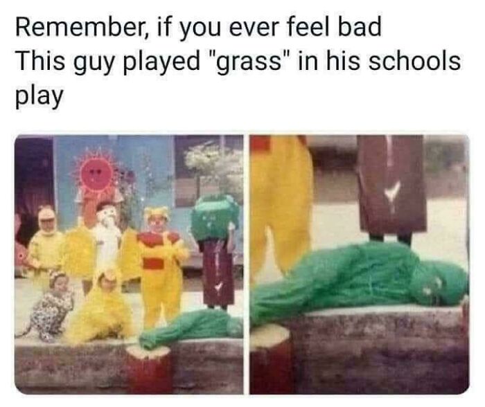 Strange and funny school play costume, a kid dressed as grass lying down with colorful characters around.