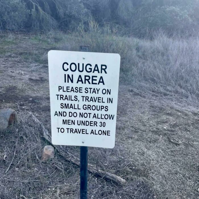 Funny sign warning about cougars in the area, advising men under 30 not to travel alone.