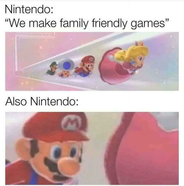 Mario characters in a funny and strange meme about family-friendly games by Nintendo.