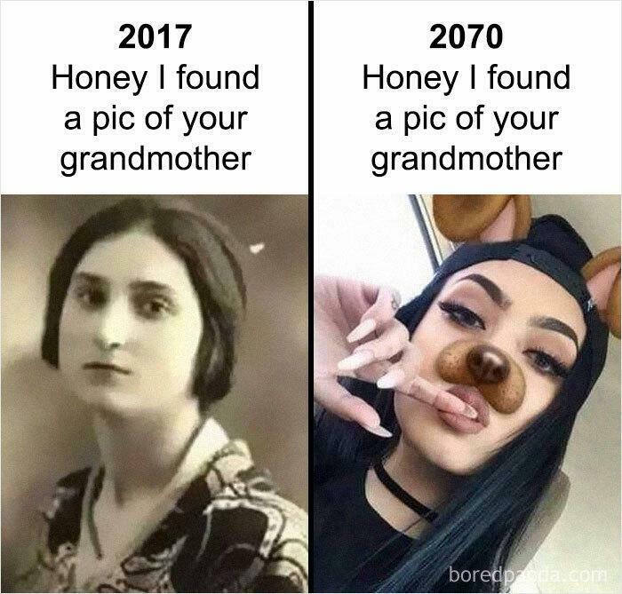 Vintage photo vs. 2070 selfie with filter, showcasing funny and strange evolution of grandma images.