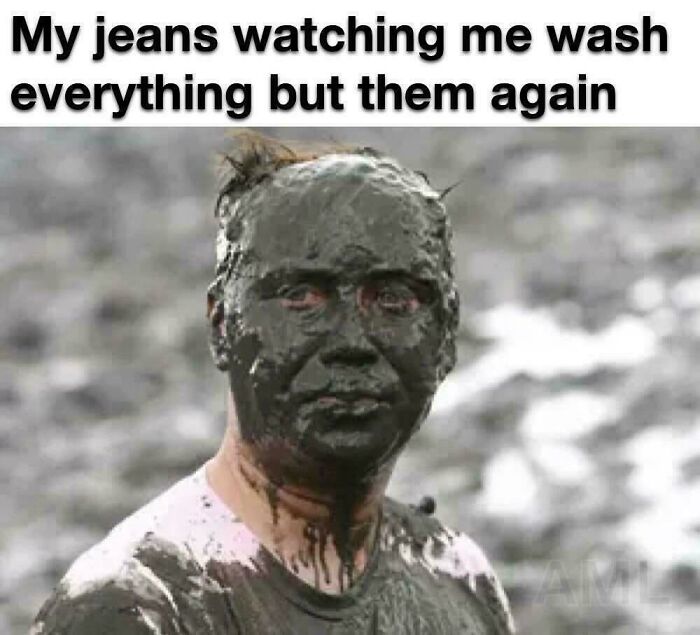 Mud-covered person captioned humorously; relates to strange and funny community content.