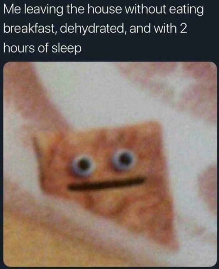 Funny meme of a Cinnamon Toast Crunch piece with googly eyes, representing a tired morning routine.