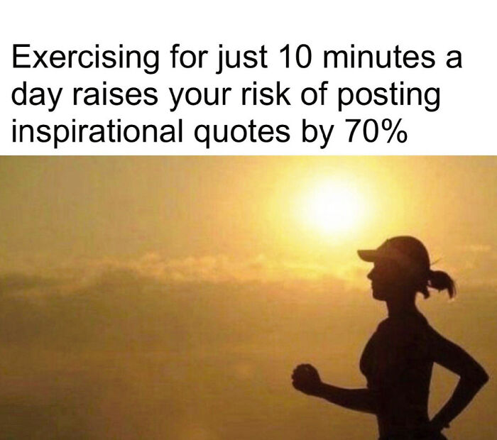Silhouette of a runner at sunrise with a humorous quote about exercising and posting inspirational quotes, highlighting strange and funny themes.