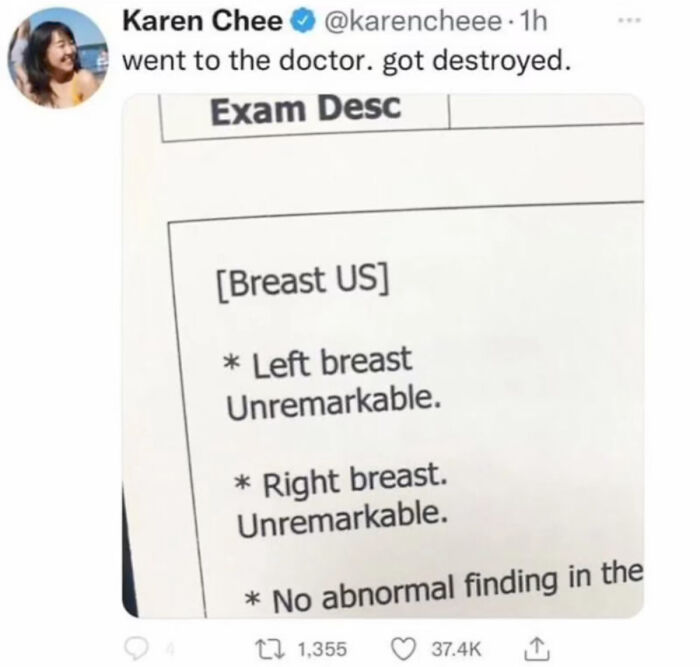 Tweet screenshot with a funny doctor's note about unremarkable exam results.