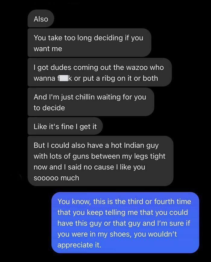 Text conversation involving relationship expectations and frustration between two people.