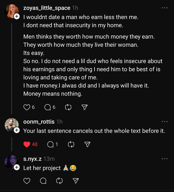 Conversation with comments on women deserving the world, discussing money and relationships.