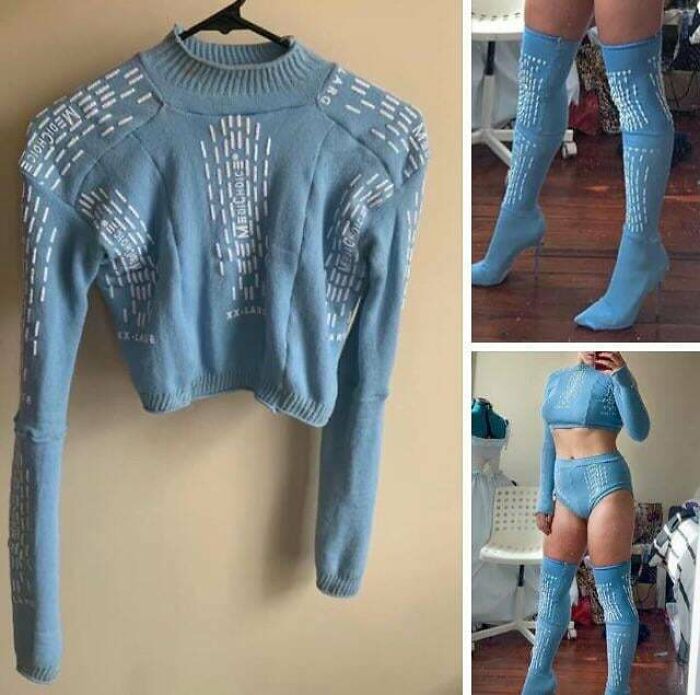 Blue knitted outfit with matching thigh-high boots showcasing examples of awful taste but great e*******n in fashion.