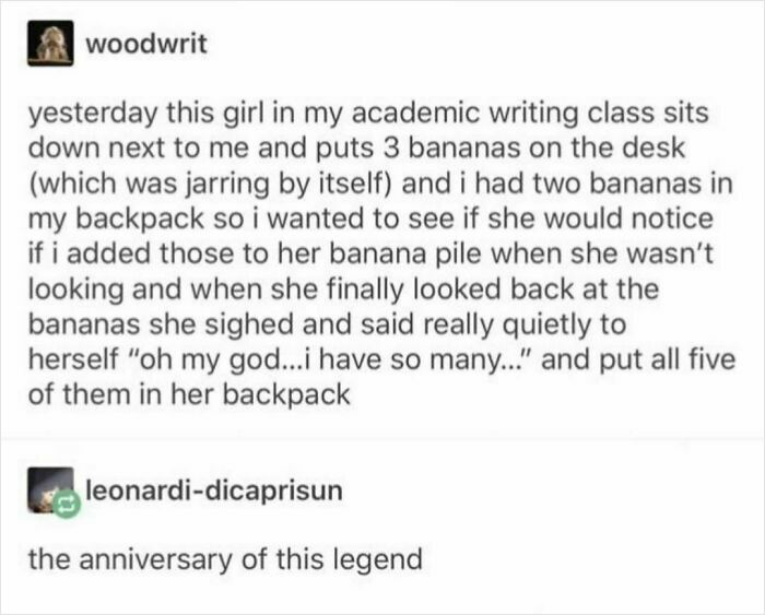 Funny and random meme about a banana prank in a writing class, shared to brighten your day.