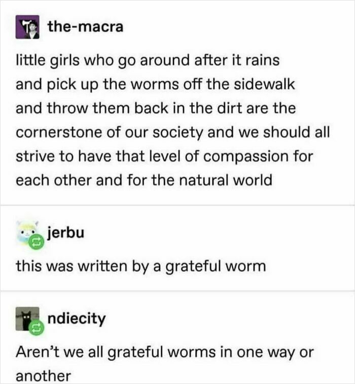 Funny and random meme about kindness and grateful worms discussed in social media comments.