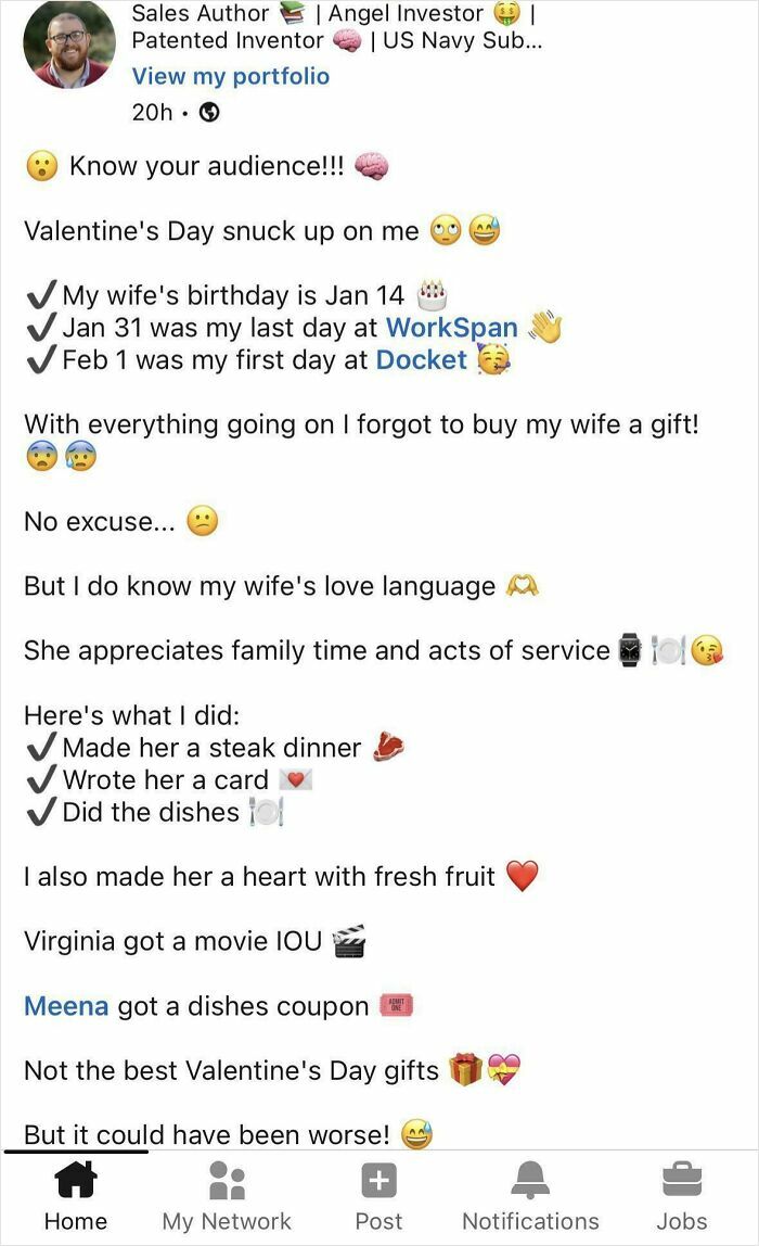 Social media post about Valentine's Day fails, forgetting to buy wife's gift, and alternative gift ideas.