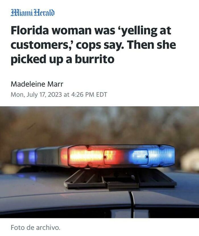 Police lights on a car roof, related to hilarious news headlines involving a burrito incident.