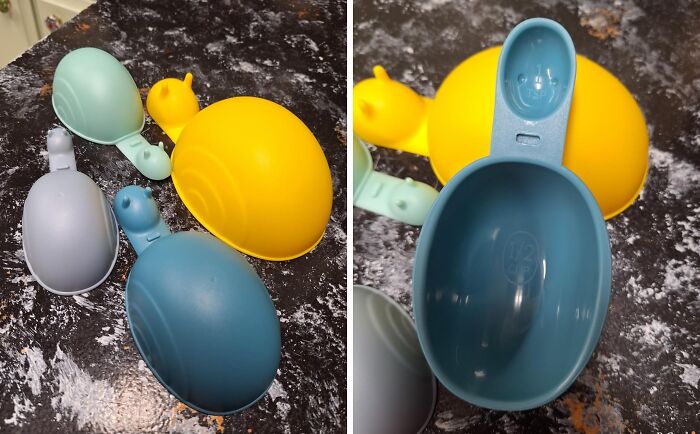 Unusual snail-shaped measuring cups on a kitchen countertop.