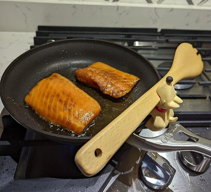 Weirdest kitchen item—a spatula propped by a cute dog timer holding a pan with two salmon fillets on a stove.