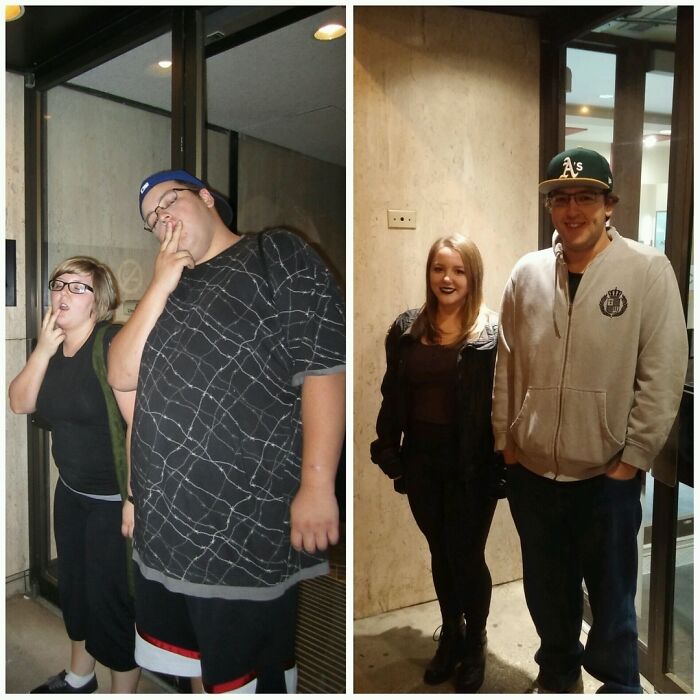 Two people showing weight loss transformation in before and after photos.