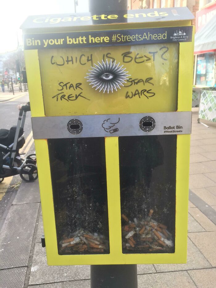 Cigarette bin on street with sections labeled Star Trek and Star Wars, showcasing Cities-Genius-Solutions for cleaner streets.