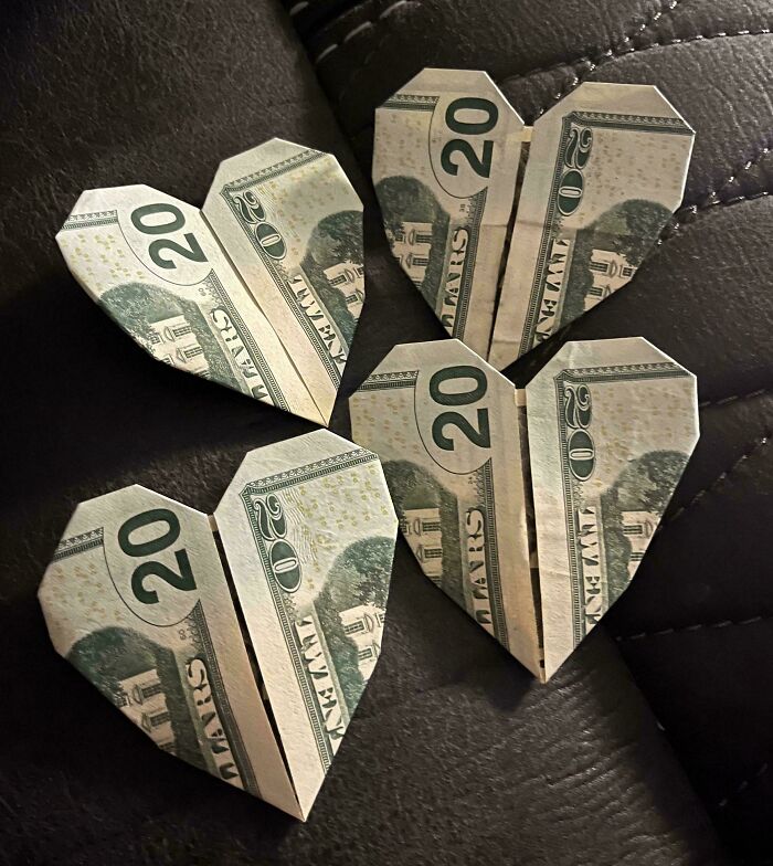 Heart-shaped origami made from twenty-dollar bills, featuring weird and cute Valentine's gift ideas.
